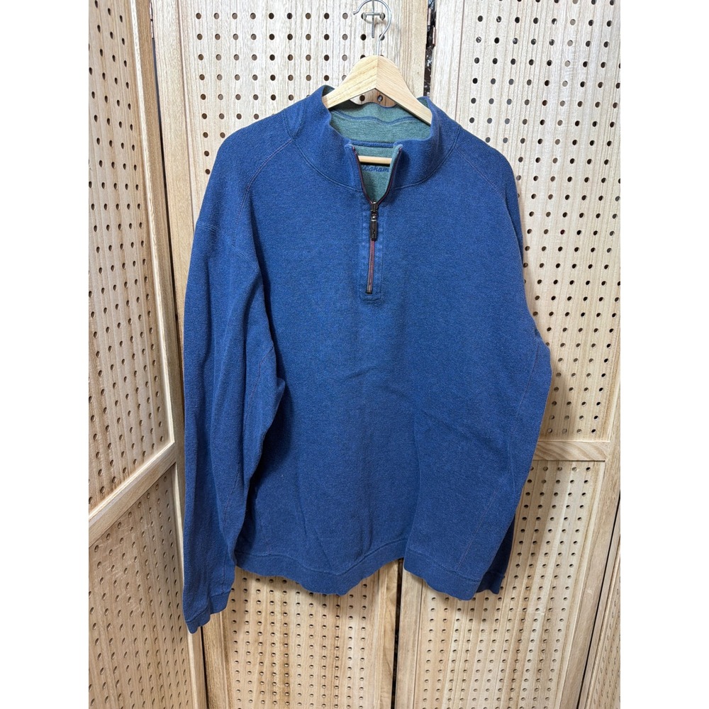 Tommy Bahama Mens Blue Heathered Quarter Zip Pullover Mock Neck Marlin Logo XL
